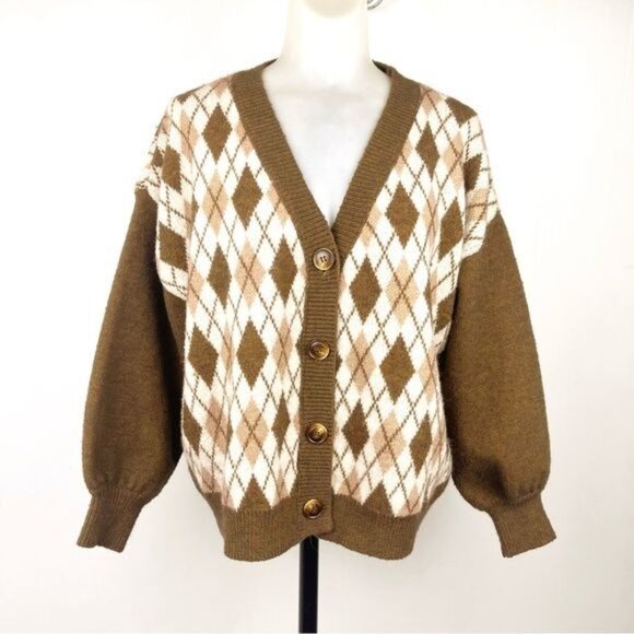 SHEIN Argyle Drop Shoulder Button Up Cardigan grandpa’s sweater Medium - Picture 2 of 8